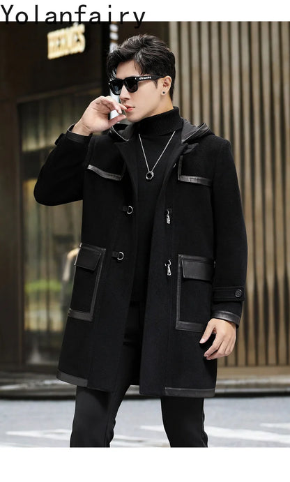 YOLANFAIRY Luxury Woolen Jackets for Man Autumn Winter Mid-length Pure Wool Patchwork Sheepskin Trench Coat Hooded Mens Jacket