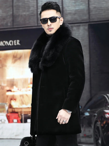 6XL Winter Jacket for Men Sheep Shearling Down Coat Men's Large Fur Collar Midi Long 100% Wool Real Fur Coats and Jackets FCY
