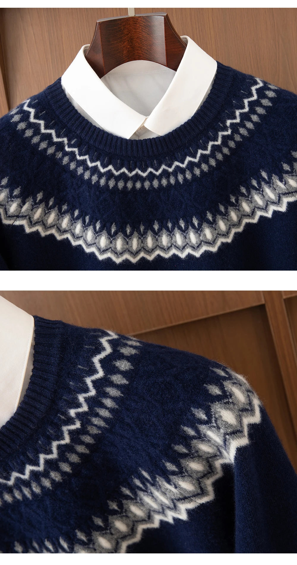 Autumn Winter 100%Wool Knit Pullover Men's O-Neck Color Block Sweater Jumper Fashion Thicken Loose Tops Clothing Warm Base Shirt