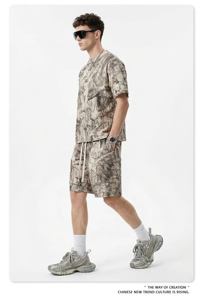Custom LOGO men's summer camouflage splicing 240G quick-drying cotton polyester short-sleeved T-shirt loose sports shorts set
