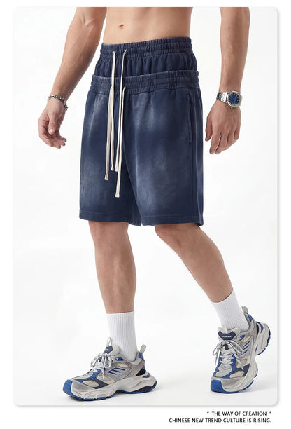 Custom LOGO men's 320G heavy 100% washed and old double waist high waist medium pants loose casual sports five-point shorts