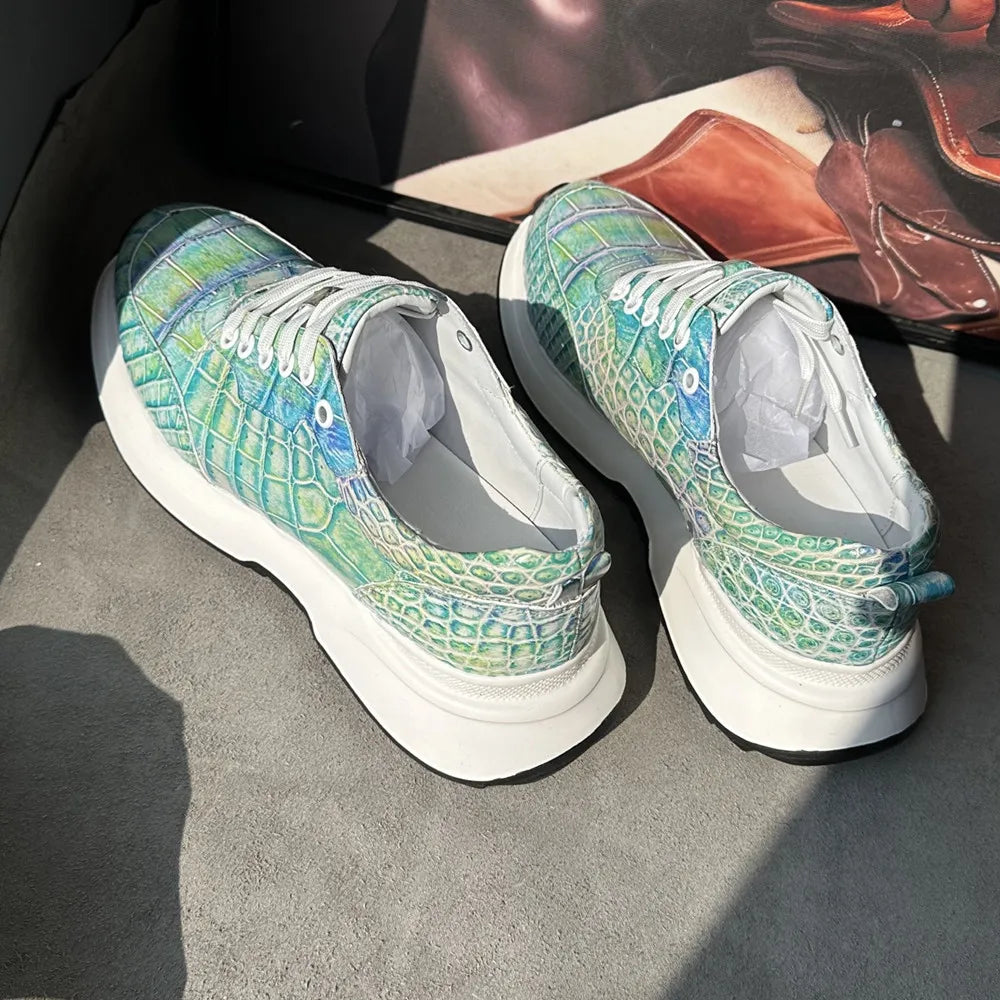Designer real crocodile leather hand-painted aurora blue men's fashion sneakers crocodile leather men's lace-up casual shoes