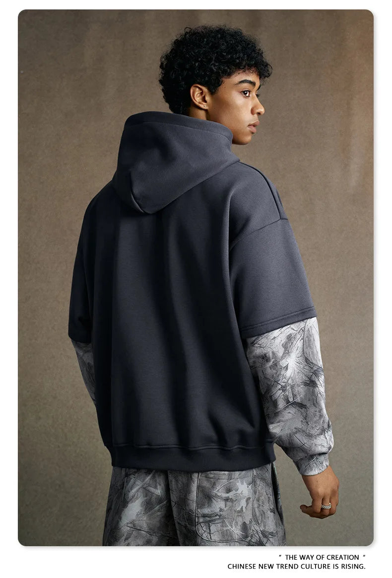 Custom LOGO Men's 2025 Autumn New 340G fleece-lined Fake Two-piece Camouflage Sweater T-Shirt Casual Pants Set