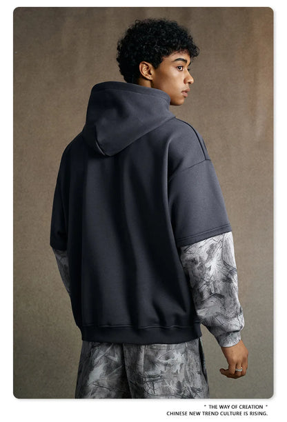 Custom LOGO Men's 2025 Autumn New 340G fleece-lined Fake Two-piece Camouflage Sweater T-Shirt Casual Pants Set