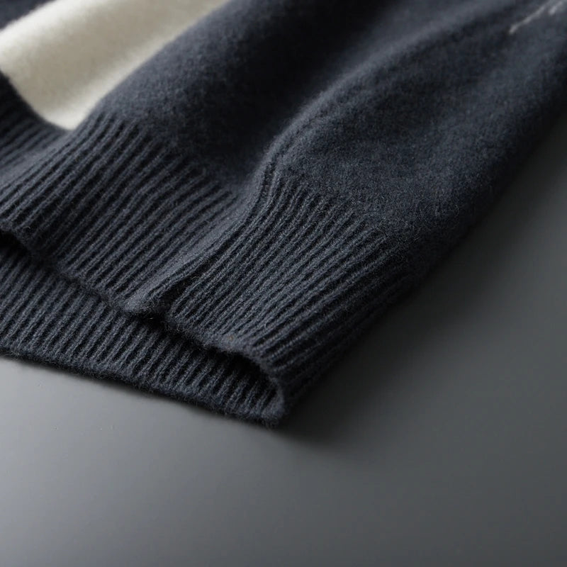 Men's 100% Merino Wool Color-Blocked O-Neck Sweater Long Sleeves Fashion Pullover Cashmere Loose Soft Warm Leisure Clothing Top