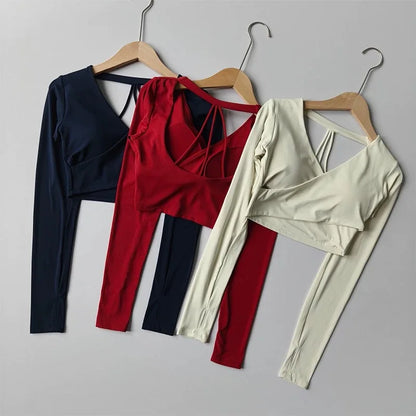 Yoga Top with Chest Pads Cross V-Neck Long Sleeves Women's Slim-Fit Running Training Cropped Navel-Baring Pilates Top  Fitness