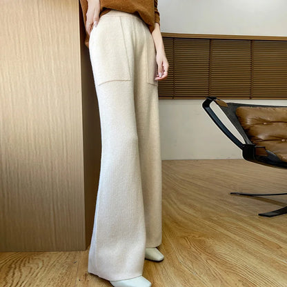 DjzDsm Women's Autumn Spring Knitted Floor-Length Wide Leg Pants 100% Merino Wool Long Trousers