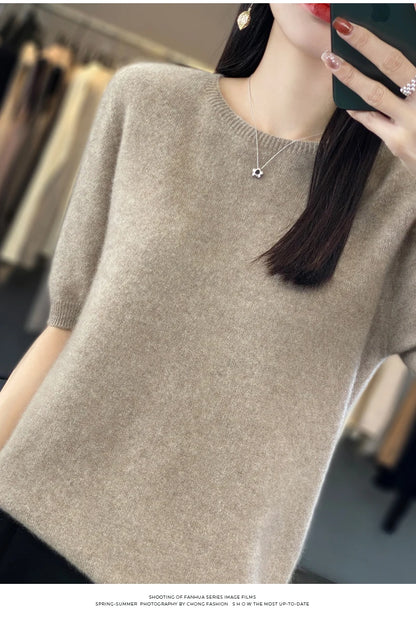 100% Merino wool women's O neck knitted T-shirt Korean pullover short sleeve sweater women's basic solid color half sleeve women