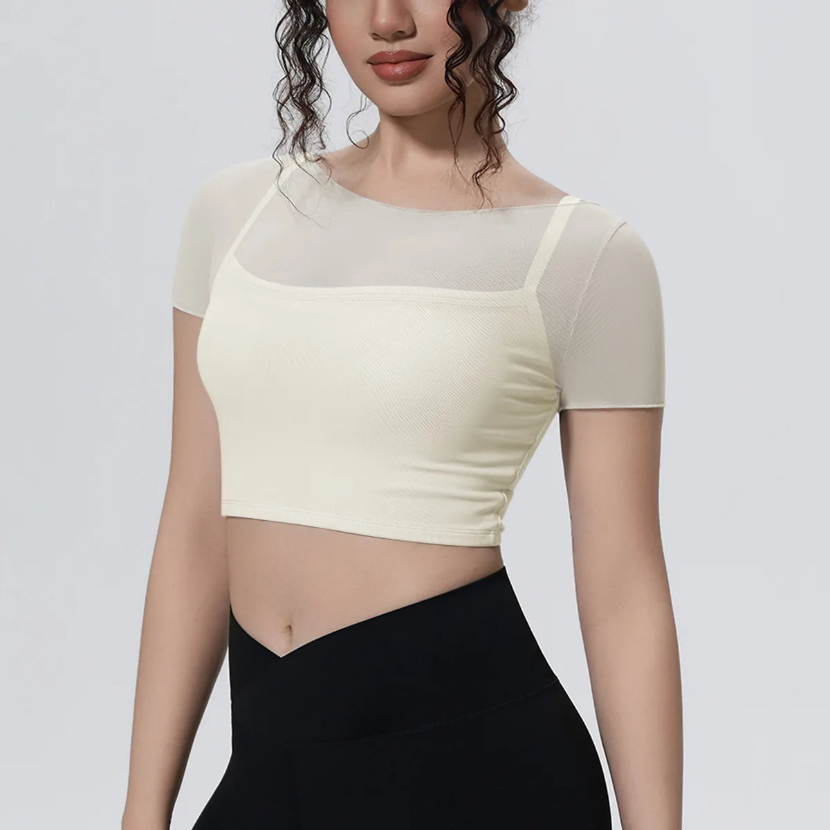 Hearuisavy Women's Mesh Short Sleeve Yoga Top With Padded Bra Fake Two Piece Gym Clothing Quick Dry Sports Crop Top Fitness Top