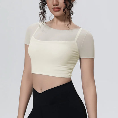 Hearuisavy Women's Mesh Short Sleeve Yoga Top With Padded Bra Fake Two Piece Gym Clothing Quick Dry Sports Crop Top Fitness Top