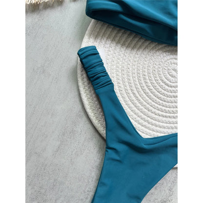 Wrinkled Bandeau High Cut Mini Thong Bikini Female Swimsuit Women Swimwear Two-pieces Bikini set Bather Bathing Suit Swim V6085