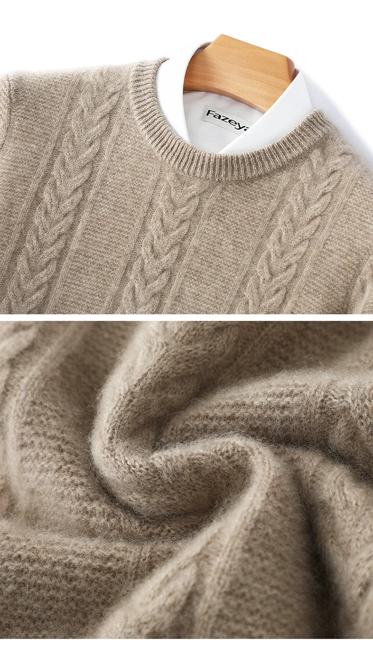 100% Merino Wool Sweater Men's Round Neck Thickened Tops Autumn Winter New Soft Warm Casual Solid Color Knitted Pullover