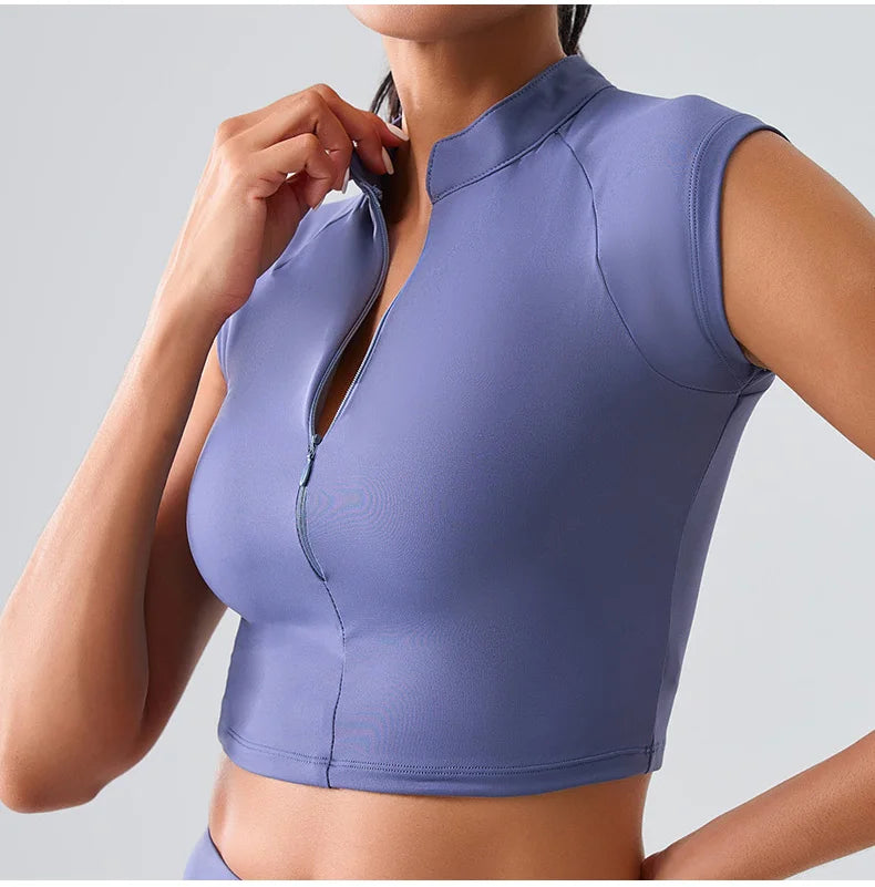Zipper Sports Crop Top Women Short Sleeve Yoga Top Shirts Light Weight Gym Push Up Top Sports Shirt Running Workout Crop Tops