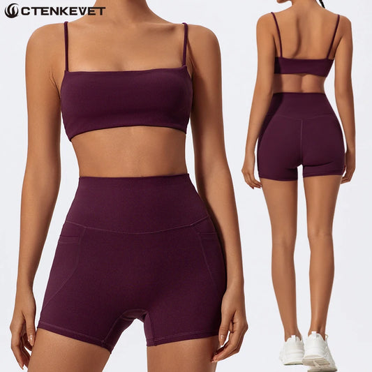 Summer Women Two Piece Gym Workout Set Female Bra Yoga Sets 2ps Shorts Fitness Wear Women Quick-Dry Camisole Sports Bra Suits