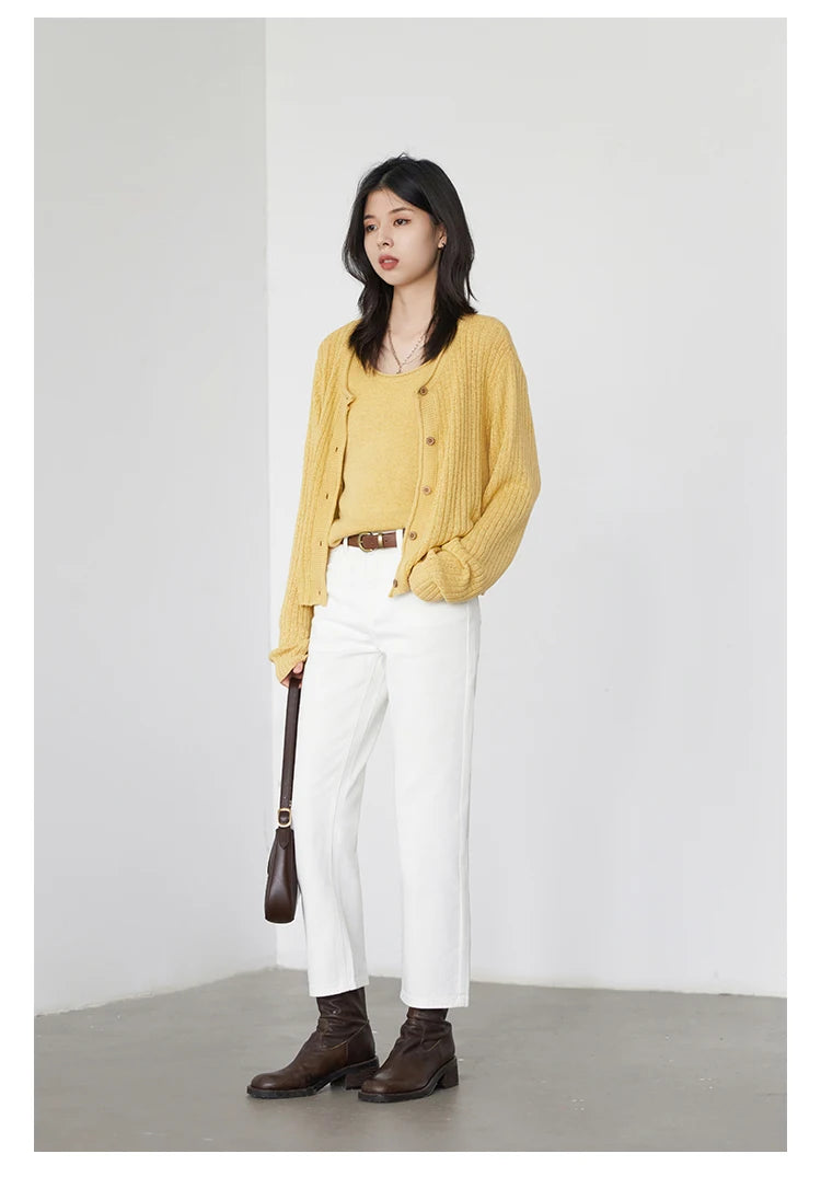 CHIC VEN Women Pants White Slim High Waisted Cotton Straight Leg Casual Slim Leg Jeans Girl Trouser Spring Autumn 2025