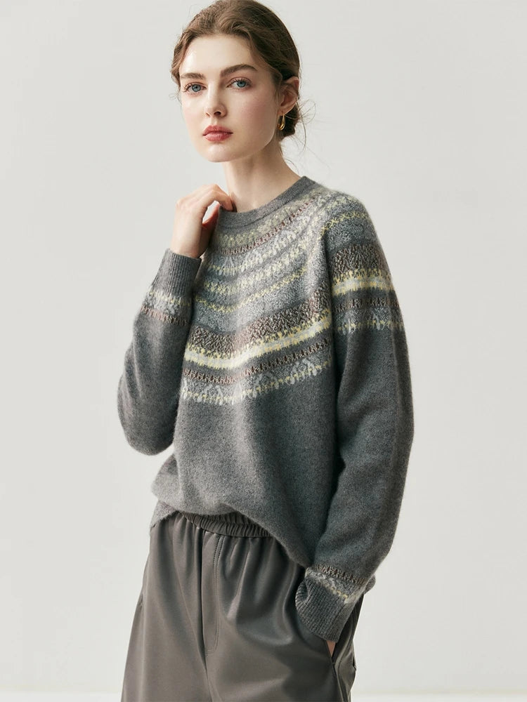 CHICUU Women Autumn Winter O-neck Vintage Style Pullover Sweater 100% Cashmere Knitwear Thick Warm Jacquard Knitting Sweater Top