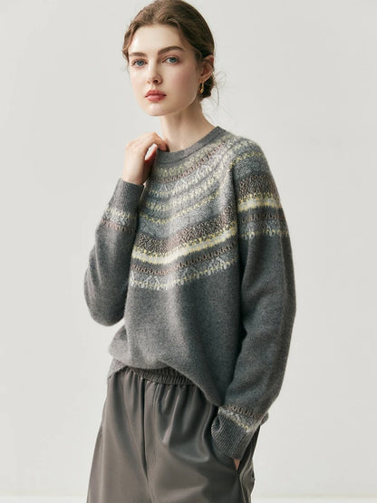 CHICUU Women Autumn Winter O-neck Vintage Style Pullover Sweater 100% Cashmere Knitwear Thick Warm Jacquard Knitting Sweater Top