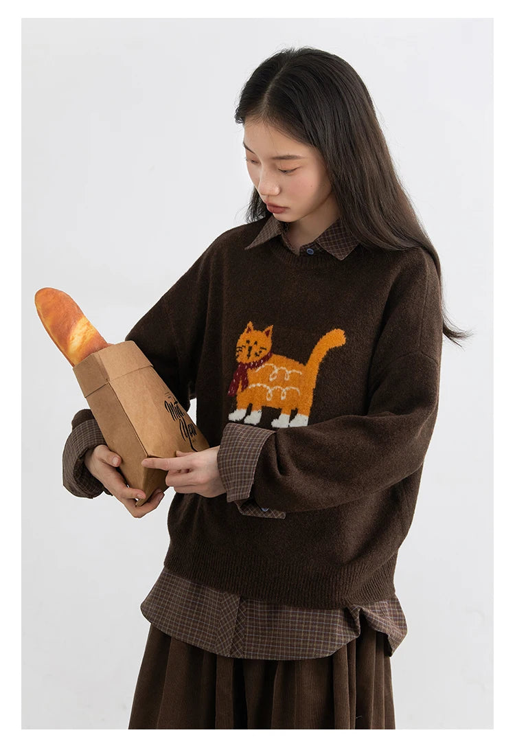 CHIC VEN New Women Sweaters Loose Casual O Neck Cartoon Cat Female Knitted Jumpers Pullovers for Girl Autumn Winter 2025