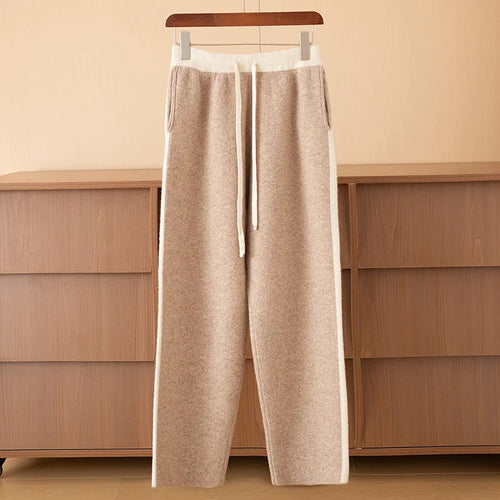 Autumn Winter Thick 100% Merino Wool Contrasting Splicing Casual Sports Pants Men Versatile Knitted Sweatpants Straight Leg Pant