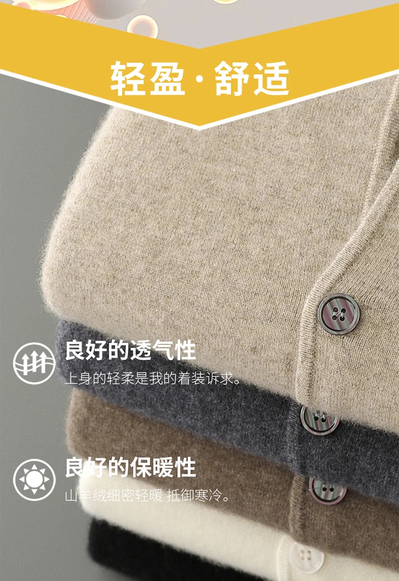DjzDsm New Autumn Winter Men's 100% Pure Cashmere Thick Button Cardigan Set Cashmere Knitted Casual Shorts 2-Piece Set Clothing