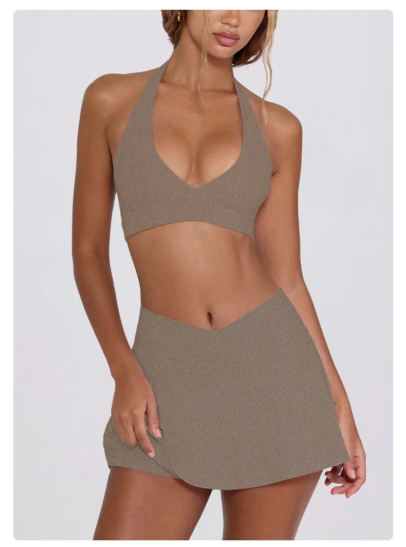 Summer Women Chest Padding And High Elasticity Bra Set 2Pcs Tennis Skirt Sportswear Female Golf Suits Sport Outfit For Woman