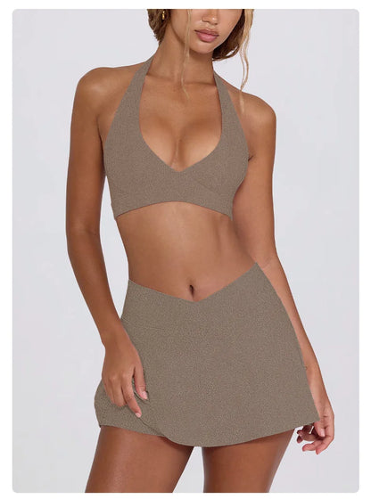Summer Women Chest Padding And High Elasticity Bra Set 2Pcs Tennis Skirt Sportswear Female Golf Suits Sport Outfit For Woman