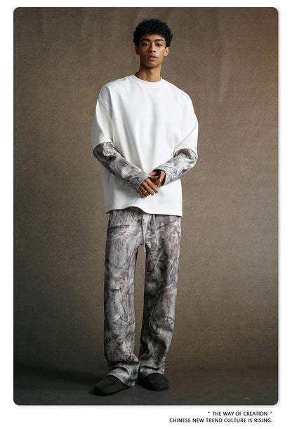 Custom LOGO Men's 2025 Autumn New 340G fleece-lined Fake Two-piece Camouflage Sweater T-Shirt Casual Pants Set