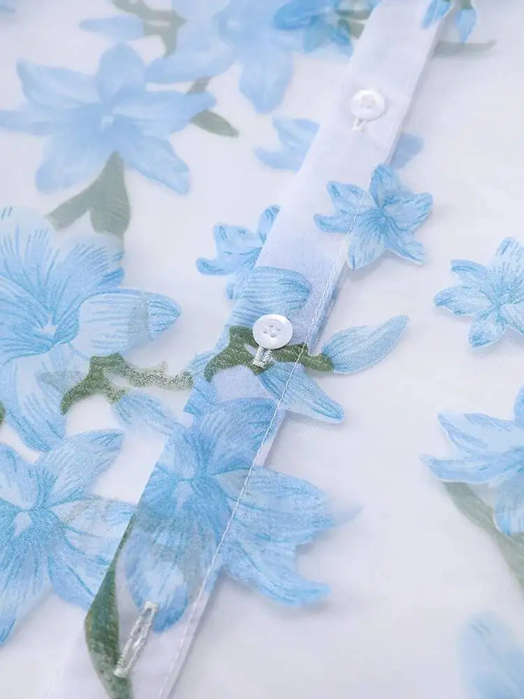 DEAT Fashion Floral Print Sheer Organza Shirt Women's Lapel Loose Light Blue Blouse Summer New