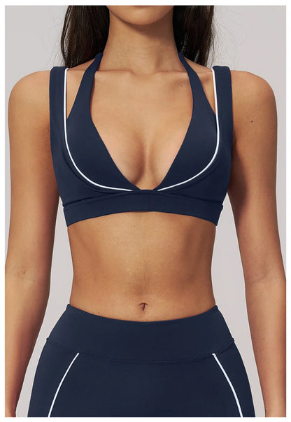 Color Contrast Deep-V Sports Bra Women's Gym Fitness Yoga Top Backless Breathable Sports Underwear Female Push Up Workout Top