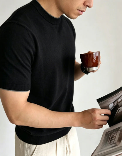 Light Luxury Cashmere Blend Anti Pilling Knitted Short Sleeved Round Neck T-shirt for Men, Retro Casual Business Summer Shirt