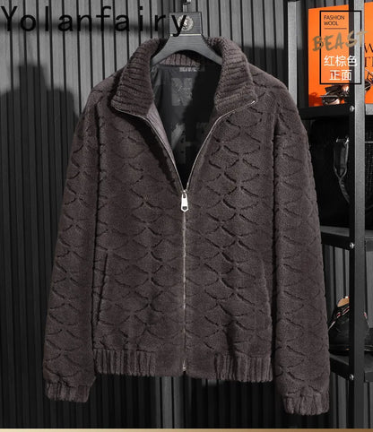 YOLANFAIRY Winter 100% Sheep Shearing Jacket Man Clothing Fashion Stand Collar Granular Lamb Fur Coat Men's Jackets chaqueta