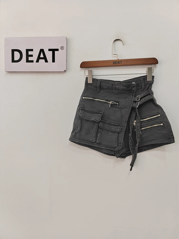 DEAT Fashion Women's Denim Shorts High Waist Zipper Lace Strap Pockets Fake 2 Pcs Green Shorts Skirts Summer 2024 New 17A6200