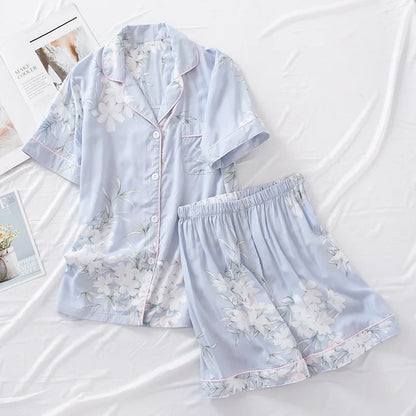 Summer new ladies 100%viscose pajama set short-sleeved shorts thin section home service loose large size two piece set plus size