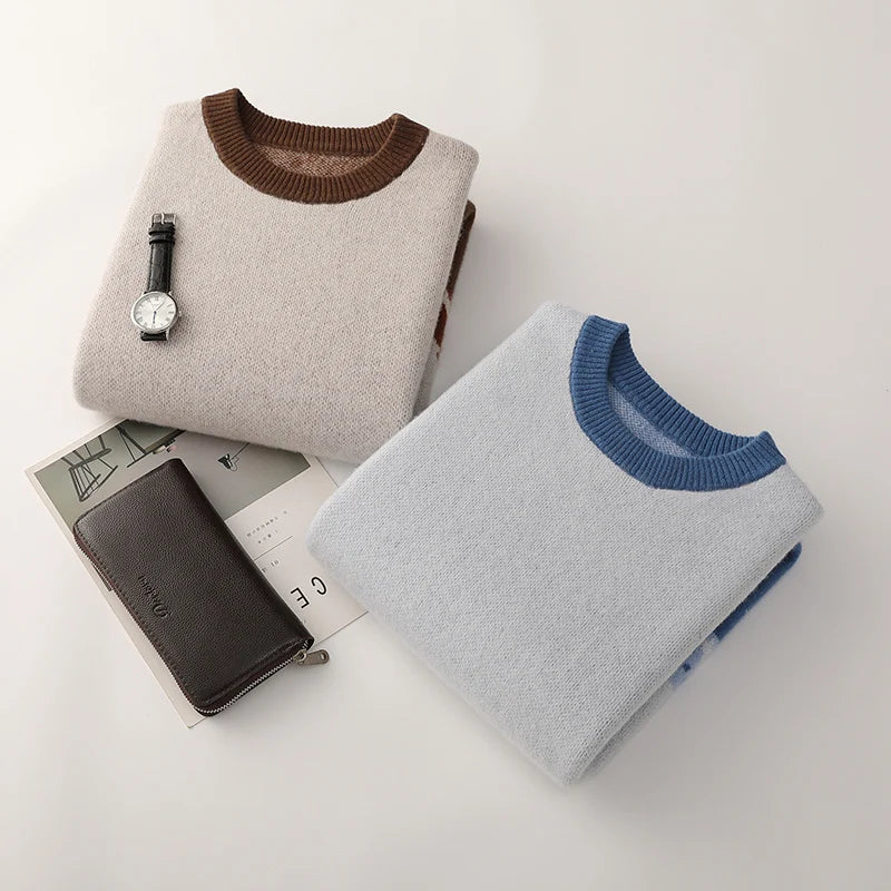 Autumn/Winter New 100% Merino Wool Knit Sweater Men's O-Neck Color Block Cashmere Pullover Business Casual Thick Long-Sleeved