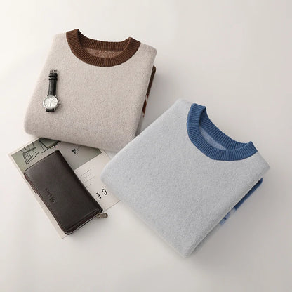 Autumn/Winter New 100% Merino Wool Knit Sweater Men's O-Neck Color Block Cashmere Pullover Business Casual Thick Long-Sleeved