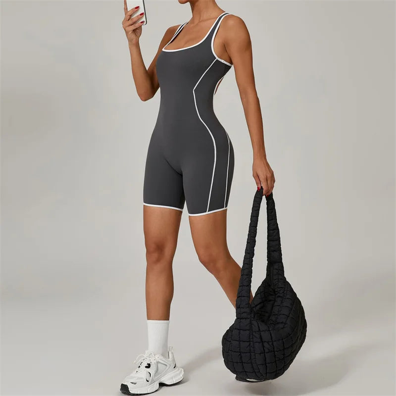 TRY TO BN Yoga Jumpsuit Sports Hollow Back Breathable Contrasting Color Bodysuit Fitness One Piece Set Running Gym Woman Clothes