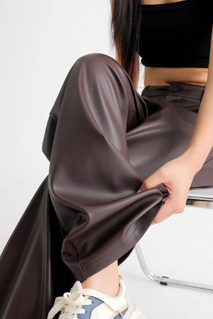 BIVIGAOS Fall Winter Fleece Loose Wide Leg Warm Leather Pants Women Button Pocket High Waist Thick PU Casual Straight Pants