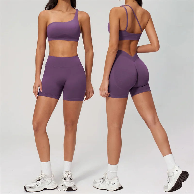 TRY TO BN Seamless Two Pieces Women's Tracksuit Yoga Shorts Set One-shoulder Hollow Backless Fitness Running Workout Gym Clothes
