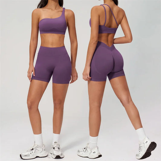 TRY TO BN Seamless Two Pieces Women's Tracksuit Yoga Shorts Set One-shoulder Hollow Backless Fitness Running Workout Gym Clothes