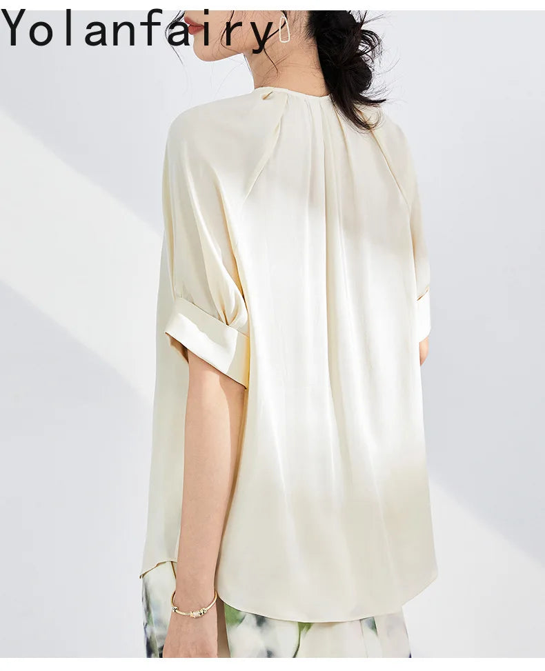 YOLANFAIRY 100% Real Mulberry Silk T Shirts for Women Summer 2026 Short Sleeve Tops O-neck Elegant Blouse Woman Tee Shirt Femme