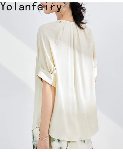 YOLANFAIRY 100% Real Mulberry Silk T Shirts for Women Summer 2026 Short Sleeve Tops O-neck Elegant Blouse Woman Tee Shirt Femme