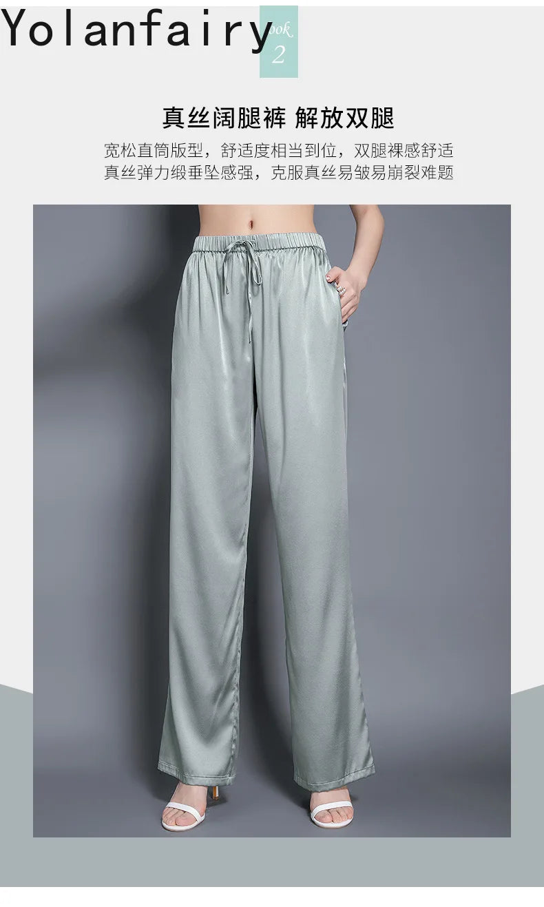 YOLANFAIRY Casual Wide Leg Pants Summer 95% Real Mulberry Silk Women's Pants Korean Loose Trousers Woman Silk Pants Full Length