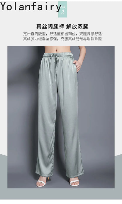 YOLANFAIRY Casual Wide Leg Pants Summer 95% Real Mulberry Silk Women's Pants Korean Loose Trousers Woman Silk Pants Full Length