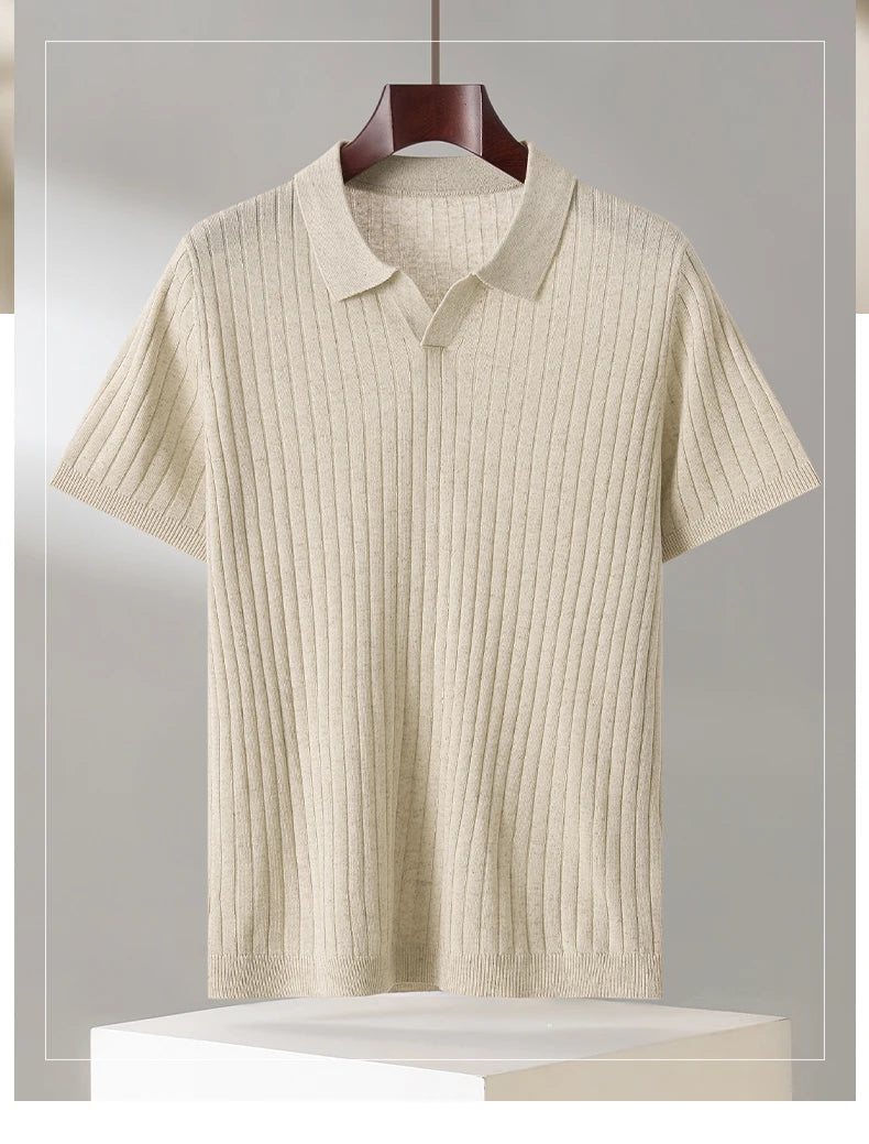 Summer New Men's 100% Lyocell Scissor Collar Solid Color T-Shirt Knit Pullover Bussiness Casual Short-sleeved POLO Collar Tees
