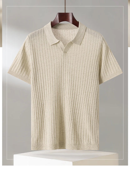 Summer New Men's 100% Lyocell Scissor Collar Solid Color T-Shirt Knit Pullover Bussiness Casual Short-sleeved POLO Collar Tees