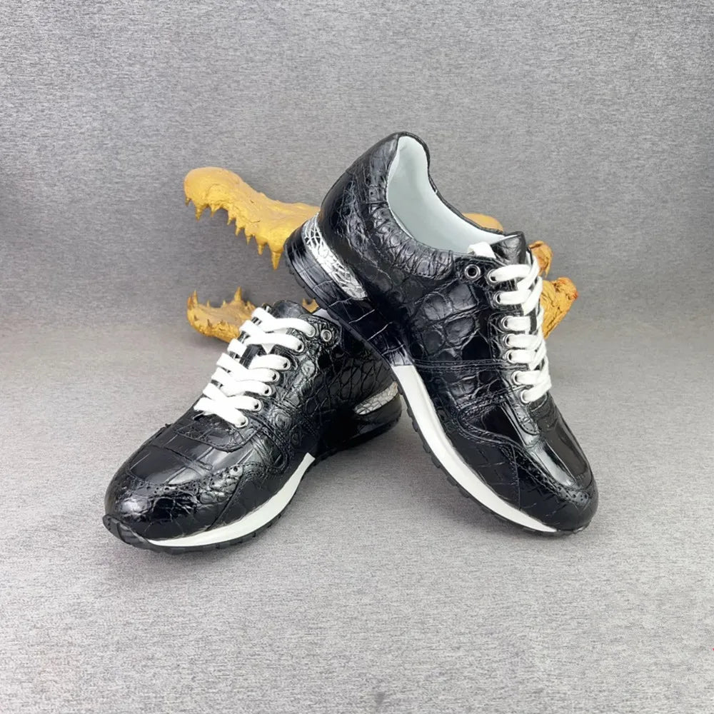 2026 new authentic crocodile leather men's black sneakers real crocodile leather men's soft lace-up casual shoes