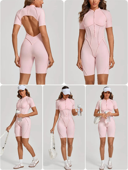 VITALINOVO Women Short Sleeve Workout Jumpsuit Backless Zip Up Romper Bottom Shorts Built-in Bra Bodysuit Bodycon Sexy One Piece
