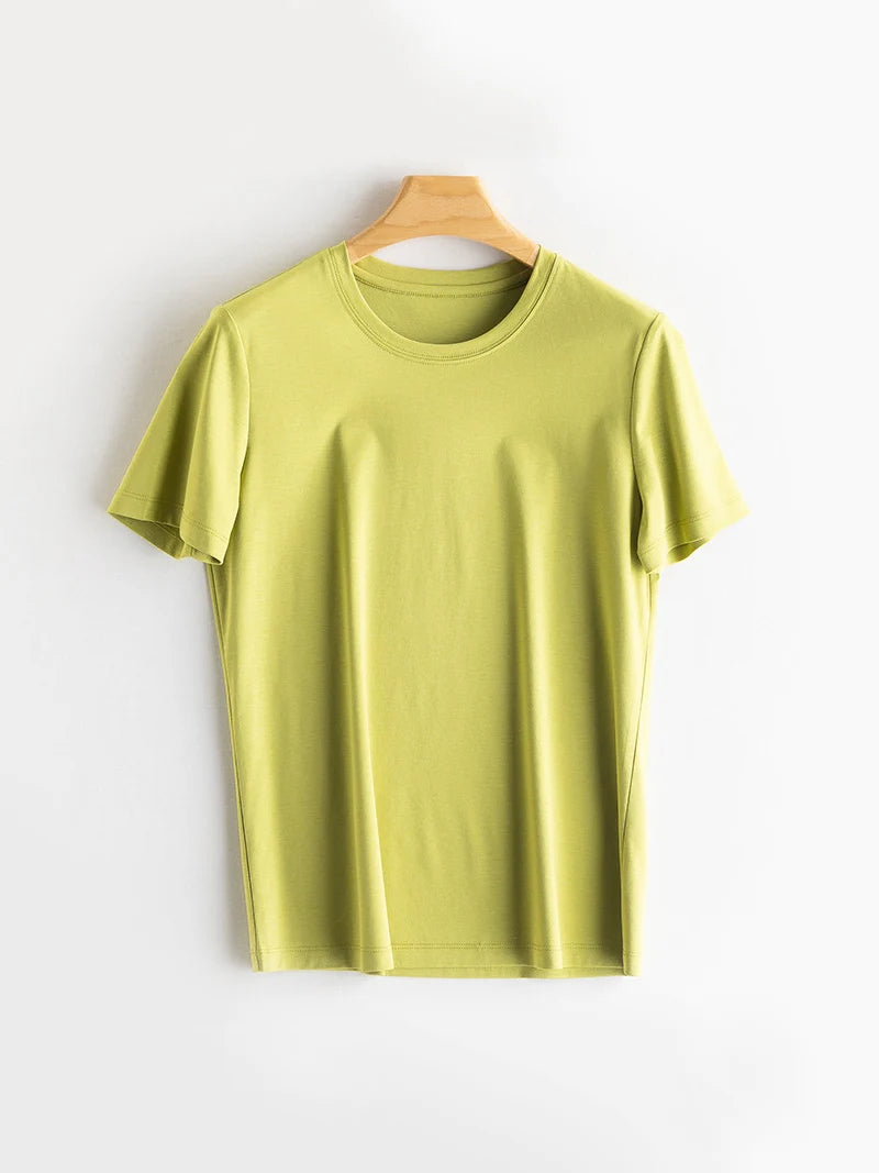 SuyaDream Women Solid T shirts, Silk Cotton Blend, O Neck, Short Sleeved Solid Tee,2025 Summer Candy Colors Basic Cozy Top Green