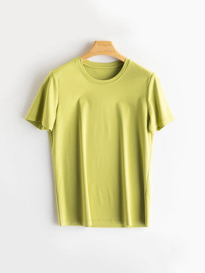 SuyaDream Women Solid T shirts, Silk Cotton Blend, O Neck, Short Sleeved Solid Tee,2025 Summer Candy Colors Basic Cozy Top Green