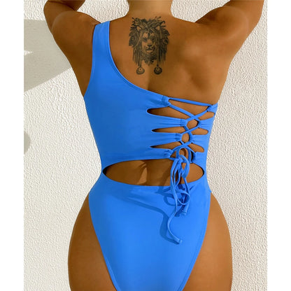 New Lace Up One Shoulder Cut Out One Piece Swimsuit Women Swimwear Female Asymmetric High Leg Cut Bather Bathing Suit Swim V5642